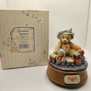 New Cherished Teddies bear train musical figurine tune Santa coming to town WORK